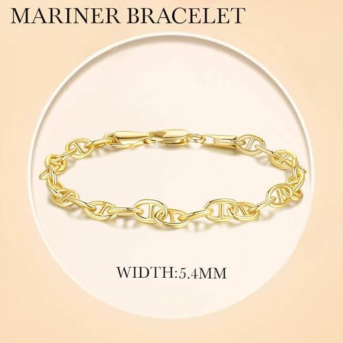 14K Gold Bracelets for Women Dainty Gold Bracelets for Womens Bracelet Flat Mariner Link Chain Bracelet for Women Men 6.5/7/7.5/8/9in3