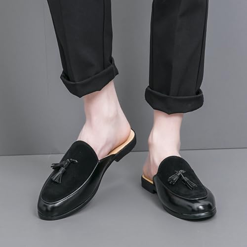 Men's Suede Tassel Dress Mules Retro Fashion Round Toe Anti-Slip Low Heel Slip On Clog Slippers Casual Backless Flat Loafers4