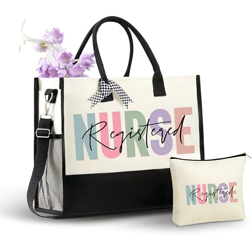 Image of InnoBeta Registered Nurse Gifts Canvas Tote Bag for Women with Top Zipper Closure and Shoulder Strap