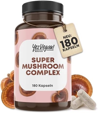 Pilz Komplex plus B2 B5 B6 (180 Kapseln) mit 7 Pilze: Lions mane, Reishi Pilz, Cordyseps, Chaga, hericium erinaceus – Super Mushroom Complex - Alternative zu Mushroom Coffee