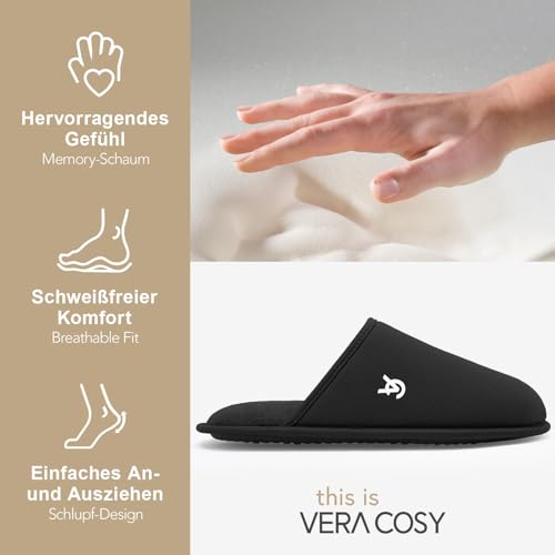 VeraCosy Herren Bequeme Pantoffeln Weich Rutschfest Maisstrick Gedächtnisschaum Innen Schlafzimmer Hausschuhe Dunkelschwarz,44-45 EU