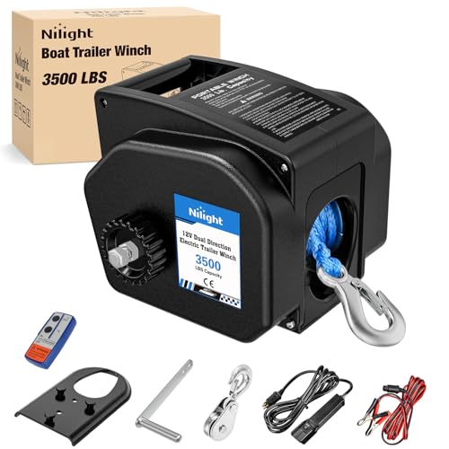 Nilight Boat Trailer Winch 3500 lbs Portable Electric Boat Winches 12 V DC Marine Winch with Synthetic Rope Remote Control Hand Crank Power-In Freewheel Waterproof Winch for Boat Trailer Towing, Black