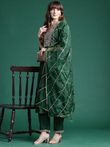 Image of INDO ERA Women's Viscose Embroidered A-Line Kurta and Pant with Dupatta Set (SHUTR6107)