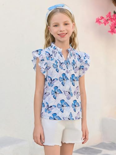 Image of Haloumoning Girls Ruffle Short Sleeve Floral Chiffon Blouses Kids Summer Shirts Tops 5-14 Years