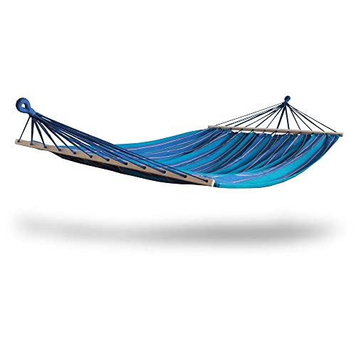 Blue Outdoor Hammock Size 48 Inches Wide X 84 Inches Long, Brazilian Style with Spreader Bars | All Season Cotton Blend Fabric, Hardwood Frame, Natural Matte Finish, Striped Pattern, Cozy & Durable