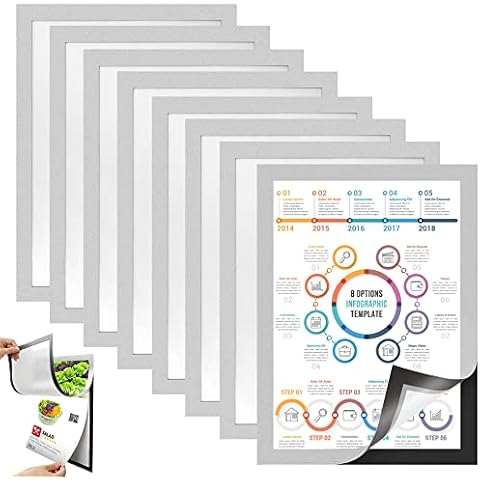 BUENTYA 8Pcs A4 Self Adhesive Magnetic Display Frame,A4 Magnetic Frame Magnetic Photo Pouch Self-Adhesive Magnetic Frame Waterproof Info Pocket Holder Magnetic for License,Photos,Notices,Window Silver Cover