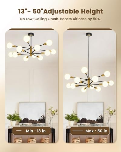 KEILAIMO Modern Chandelier, 12-Light Sputnik Ceiling Light Fixture, Mid Century Height Adjustable Sputnik Chandeliers for Dining Room, Kitchen Island, Living Room, Bedroom - Black and Gold — view 6