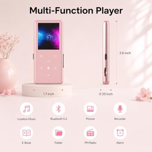 Image of 64GB MP3 Player with Bluetooth 5.2, AiMoonsa Music Player with Built-in HD Speaker, FM Radio, Voice Recorder, HiFi Sound, E-Book Function, Rose Gold