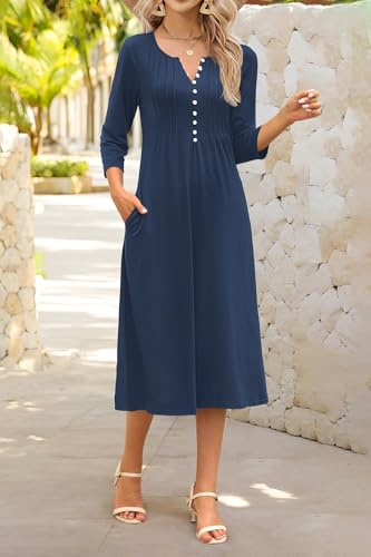 Soesdemo Long Sleeve Dress for Women Casual V Neck Pleated Button Down 3/4 Sleeves Knee Length Midi Dresses with Pockets3