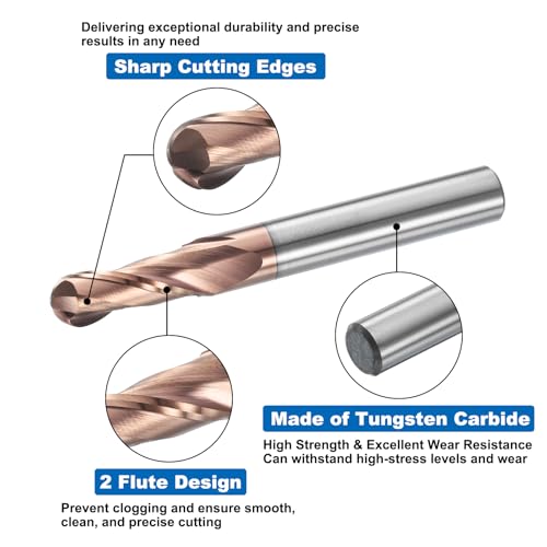 Image of HARFINGTON Ball Nose End Mill 2 Flute 9 /32 inch Diameter 5 /16 inch Shank Tungsten Carbide TiAlN Coated Spiral CNC Router Bits 3 /4 inch Cutting Length Single End Ball for Carving Engraving Grinding