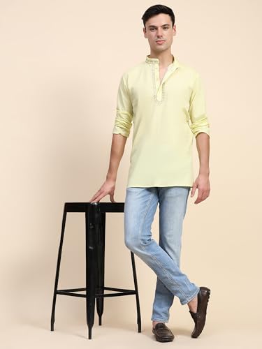 Image of SKAVIJ Men's Cotton Embroidered Kurta Shirt - Long Sleeve Traditional Indian Tunic for Casual