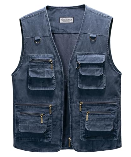 Oralidera Hommes Gilet de Plein Air Multi-Poches Gilet sans Manche Rapide Gilet de Pêche Respirant Photographie Gilets Voyage Sport Extérieure, Bleu, 4XL
