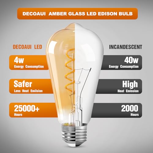 Decoaui ST64 LED E26 Vintage Edison Light Bulbs, Amber Glass, Dimmable, 4W(40W Equivalent) 300 Lumens, 2200K Ultra Warm White, Spiral Filaments Design, Antique Style, 25000 Hrs, 4-Pack by Decoaui - Image 3