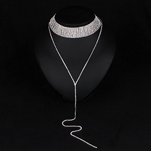 Elegant Rose Multi-rows Rhinestones Choker Necklace Round Neck Long Sweater Pendant Adjustable Necklace Jewelry for Ladies Womens