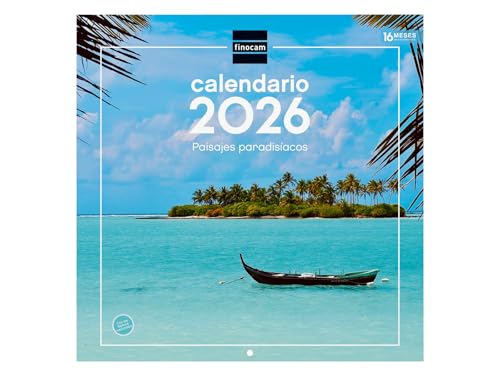Finocam - Calendario de pared 2026 30x30 cm Mes Vista Enero - Diciembre 2026 + Sep.- Dic. 2025 (4 meses) reducidos | Calendario 2026 | Imágenes Paisajes paradisíacos - Español
