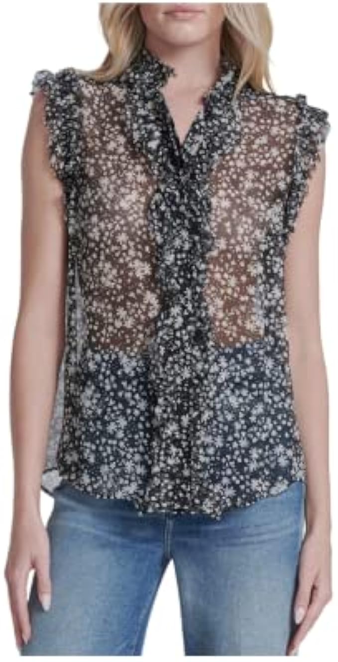 7 For All Mankind Women's Sleeveless Ruffle Top Shirt, Black/White