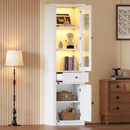 KOMHTOM Colonne Vitrine Haute avec LED 55x200 cm, Meuble de Rangement Étroit avec 2 Portes en Verre et 1 Tiroir, Armoire de Salon Blanc(55x40x200cm)