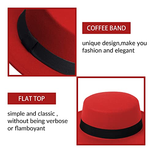 Image of Classic Fedora Hat Flat Top Hat Felt Pork Pie Hat Wide Brim Church Derby Cap for Women and Men