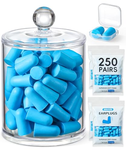 Snuvid 250 Pairs Foam Ear Plugs with 1 Clear Dispenser Holder, NRR 33dB Ear Plugs for Sleeping Noise Cancelling, Soft Earplugs for Noise Reduction Concerts Snoring Shooting Travel Ear Protection