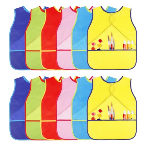 Guiqulai 12 Pcs Art Smocks for Kids Waterproof Artist Painting Aprons Toddler Sleeveless Children Painting Smock Kids Apron with 3 Pockets for Age 3-8 Years,6 Colors