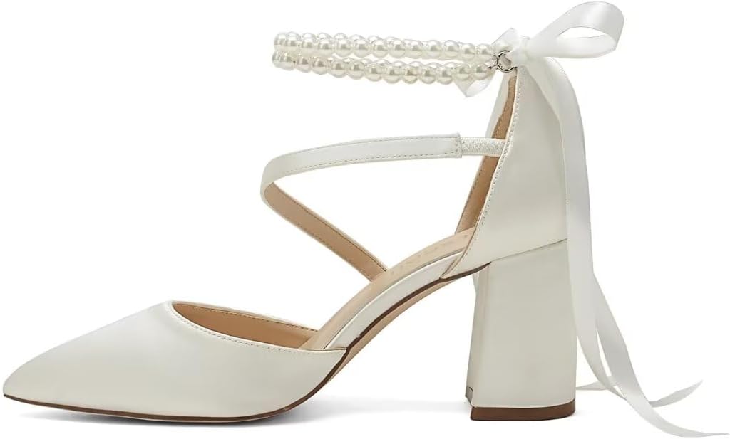 Block Heel Wedding Shoes for Bride Closed Toe Pearl Bridal Shoes Wedding Chunky Heels - Image 3