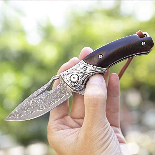 Spirit Deed Japanese Handmade Vg10 Damascus Steel Folding Knife With Pocket Clip,Leather Sheath,Rosewood Handle Knives For Men #TOP6