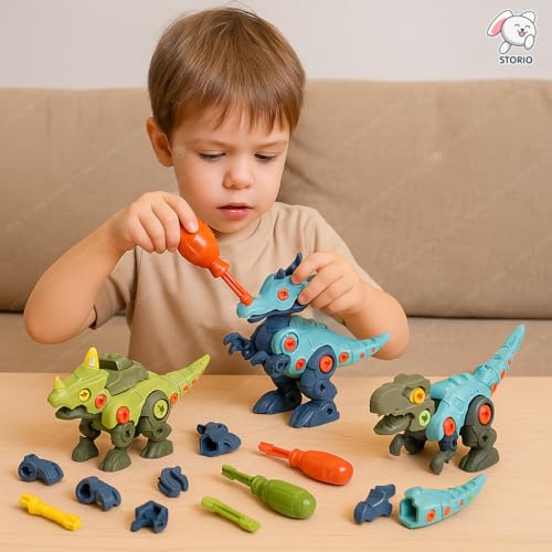 Image of Storio Dinosaur Toys Pack of 4 - Tyrannosaurus Rex, Velociraptor & More with 2 Screwdrivers | STEM Building Toys for Kids | Educational Dinosaur Toy for Boys & Girls Ages 3-8 Years