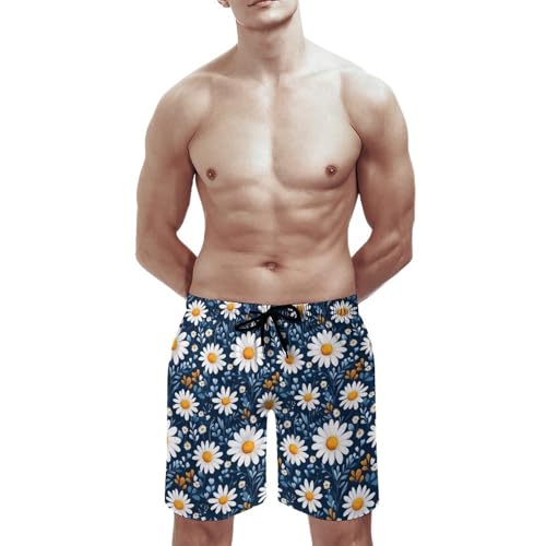 Hawaiian Shorts for Men - White Daisy Floral Print Quick Dry Mens Swim Trunks Bathing Suits with Mesh Lining2