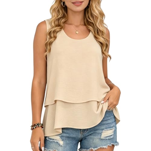 Image of Summer Tops for Women Flowy Chiffon Sleeveless Blouses White Tank Top Woman Ladies Crewneck Double Layers Strap Shirt