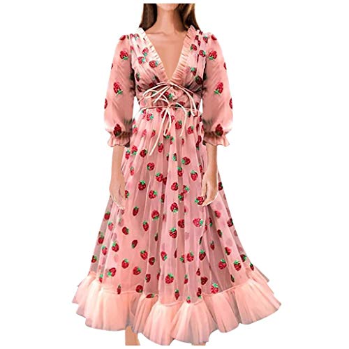YAnGSale Dresses Strawberry Sweet Mesh Yarn Dress Women Sexy Ball Gowns V-Neck Pleated Long Skirt Night Gowns (Pink, XL)