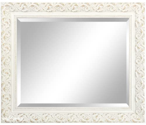 West Frames Bella French Ornate Embossed Wood Framed Wall Mirror (24.25" X 34.25", Antique White) #TOP2