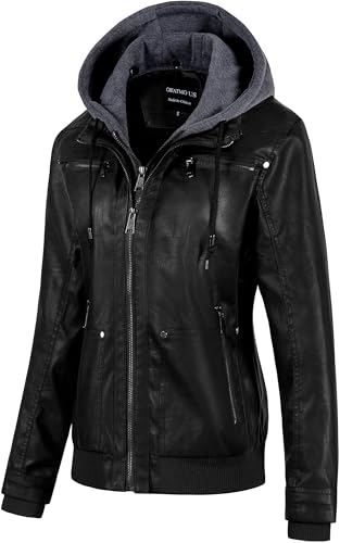 CREATMO US Women's Faux Leather Jacket Waterproof Motorcycle Bomber Jacket Vintage PU Moto Biker Coat With Removable Hood2