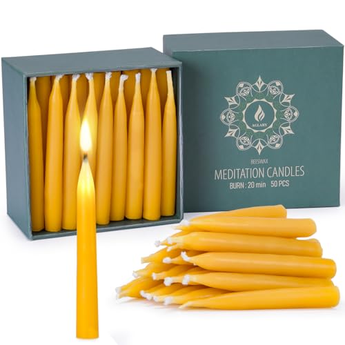 20 Minute Pure Beeswax Candles, Drip-Free Meditation Candles, Mini Taper Candles, Set of 50 Without Brass Candle Holders