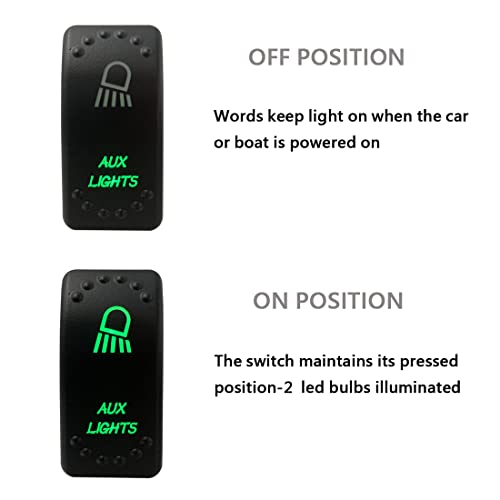 Image of Green Backlit AUX Lights Rocker Switch 5 Pin ON-Off Laser Etched Button Switch with Wires for Car Marine Boat UTV 20A /12V 10A /24V