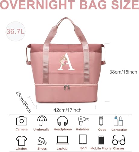 Initial Travel Duffel Bag for Women, Personalized Weekender Bag with Shoe Compartment, Gym Duffel Bag with Wet Pocket Carry on Overnight Bag, Birthday Gifts for Women, Pink (Letter R)3