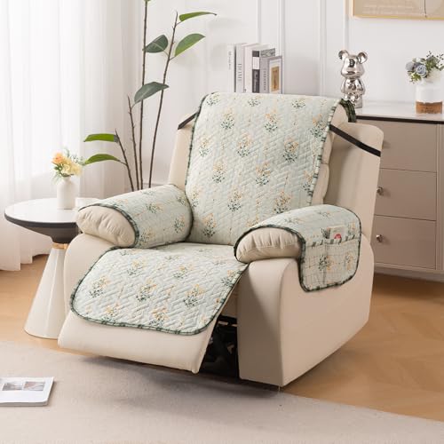 Image of HOKIPO 'HomeHues Series' Quilted Cover for Recliner Sofa 1 Seater with SecureFit Belt & Side Pocket, Light Green Ash Gypsy Flower (IN-828-D5)