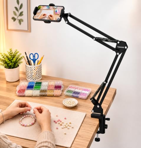 Image of Adjustable Overhead Mobile Holder Stand for Smartphones & Tablets, Metal Arm with 360 Rotation, Anti-Slip Clamp, Flexible Desk Mount for Video Recording, Live Online Classes & Video Calls