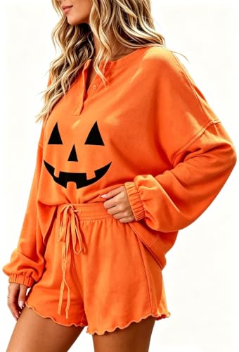 Image of Roshop Halloween Pajama Women's Pumpkin Top & Shorts Loungewear Set