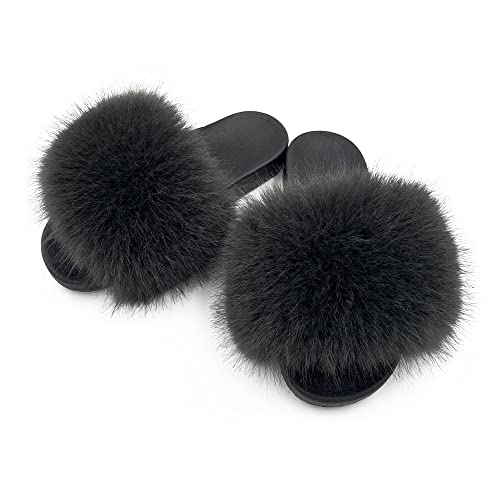 Image of Women's Faux Fur Slides Slippers Fluffy Fuzzy Sandals Open Toe Furry Slide Flip Flop Indoor Outdoor