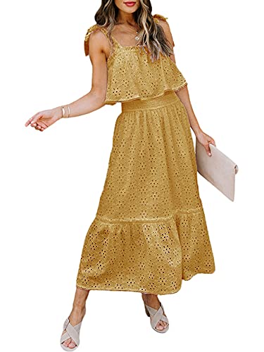 BerryGo 2022 Women s Boho Eyelet Beach Dress Embroidery Off Shoulder Ruffle Maxi Dress with Bow Knot Yellow L