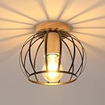 Pheashine Industrial Ceiling Light, Vintage Chandelier Light Fixture with Wooden Base and Black Metal Cage, E27 Pendant Ceiling Lampshade for Hallway, Balcony, Kitchen, Entrance