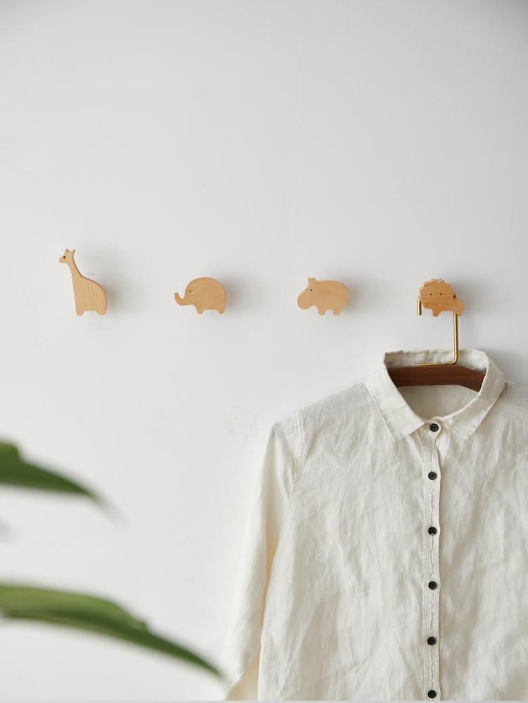 Image of WONQEXZ Wall Hook,Child Baby Nursery Wood Wall Hook,Natural Wild Animal Coat Hooks,Wooden Hooks,Children Wall Mounted Hook,Set of 4