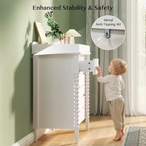 Image of JOINICE White Nursery Dresser with Changing Table, 4 Drawers for Storage | Jenny Lind Spindle Style Dresser and Removable Baby Changing Station Combo for Kids Bedroom, Anti-Tip Kit for Safety