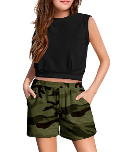 Image of Arshiner Girls 2 Piece Short Sets Sleeveless Tops and Shorts with Pockets | Round Neck Waist Elastic Sport Clothing Outfits Perfect for Spring Summer
