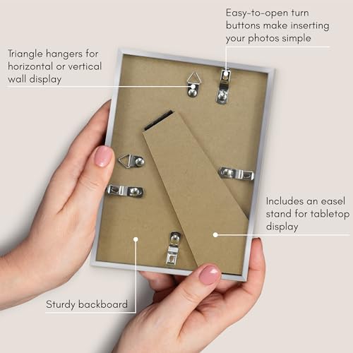 Americanflat 5x7 Picture Frame with Shatter-Resistant Glass - Streamline Collection - Thin Border Picture Frame for Tabletop and Wall Display - Hanging Hardware and Easel Stand Included - Silver