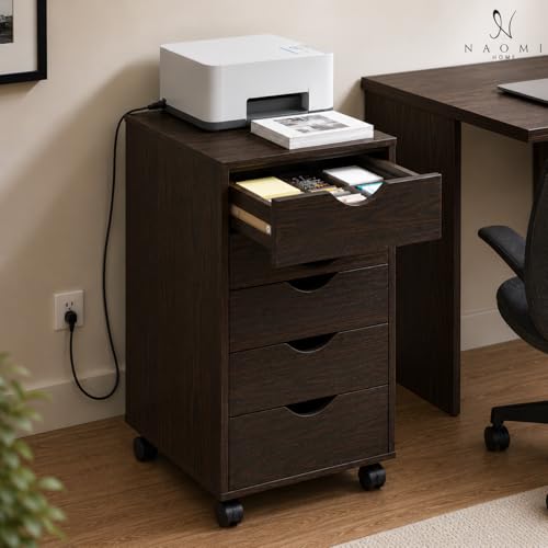 Image of Naomi Home Under Desk Office File Cabinet with 5 Drawers, Rolling Storage Organizer with Lockable Wheels, Handle-Free Design & Spacious Top Surface, Compatible Cabinet for Home Office - Espresso