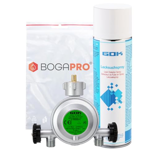 BOGAPRO Niederdruckregler 50 mBar, Gasregler mit 2 Abgängen, KLF x 2 x 1/4' lks, zum Anschließen von 2 Geräten an Einer Gasflasche, mit Lecksuchspray und Polybeutel