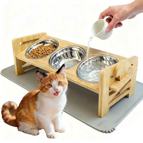 Katzennapf Erhöht mit 3 Futternapf Edelstahl Futterstation napfset katzenfressnapf katzenfutternapf...