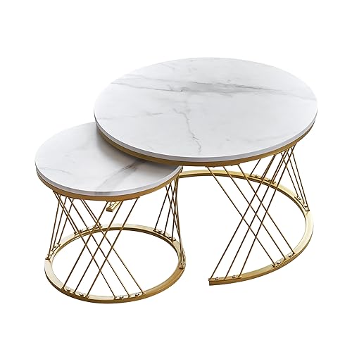 センターテーブル 2点セット ローテーブル ネストテーブル 入れ子式 天板 大理石調 サイドテーブルローテーブル 丸 円型 北欧風 モダン シンプル 一人暮らし (タイプB+ホワイト+ゴールド脚)