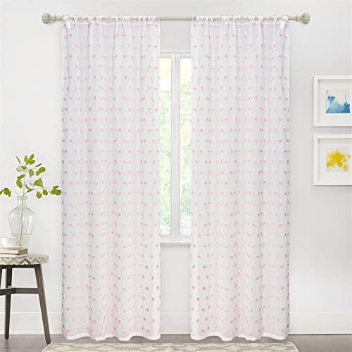 Image of MYSKY HOME Pink Pom Pom Sheer Curtains for Girls Bedroom 90 Inches 2 Pieces